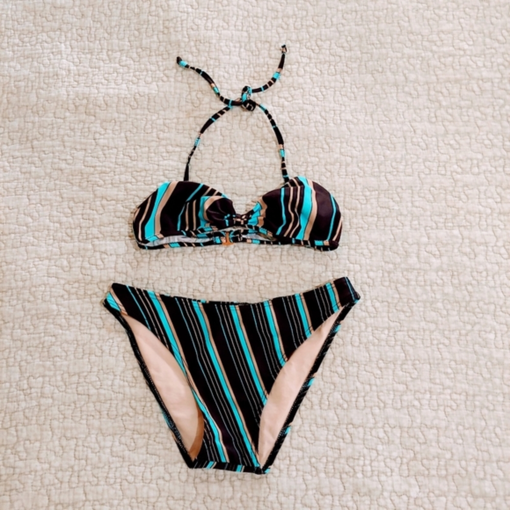 Rosa Cha´ Amir Slama Bikini, Women's Size Medium, Brown/Turquoise Stripe